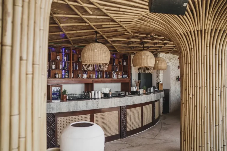 Cocktail bar in Bali with a curved counter, bottle display, and relaxed atmosphere.